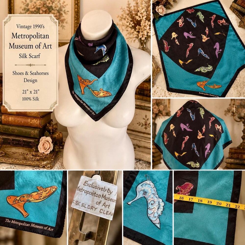 Vintage 1990’s Metropolitan Museum of Art Silk Scarf Shoes Seahorses Teal 21x21 - Picture 3 of 11
